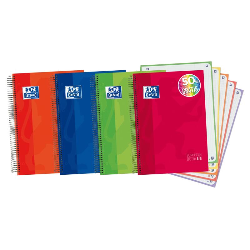 Pack De 5 Unidades Oxford Europeanbook 5 Cuaderno Espiral Formato A4+ Cuadriculado 5x5mm - 120 Hojas - Tapa Extradura Acabado Brillante - 5 Bandas De Color - Colores Surtidos Tendencia