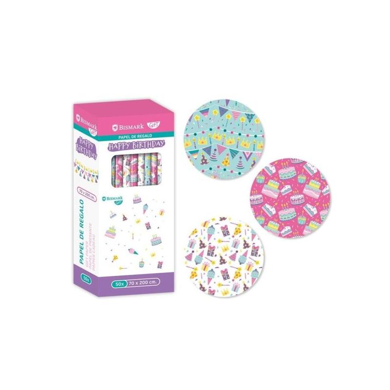 Pack De 50 Unidades Bismark Happy Birthday Rollo De Papel Regalo - Medidas 70cmx200cm - 3 Diseã±Os Diferentes
