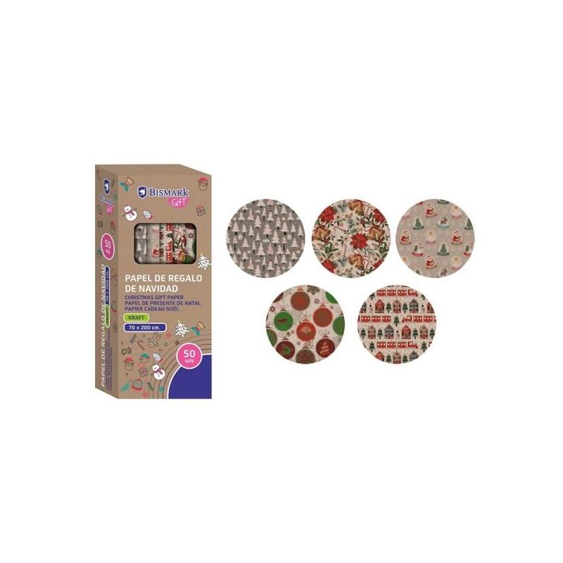 Pack De 50 Unidades Bismark Kraft Navidad Rollo De Papel Kraft Regalo - Medidas 70cmx200cm - 5 Diseã±Os Diferentes