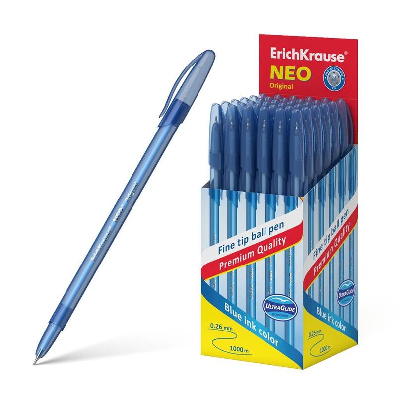 Pack De 50 Unidades Erichkrause Boligrafo Neo Original - Punta De Aguja Sofisticada Fine Tip - Cuerpo Redondo Translucido Mate - Tinta Color Azul