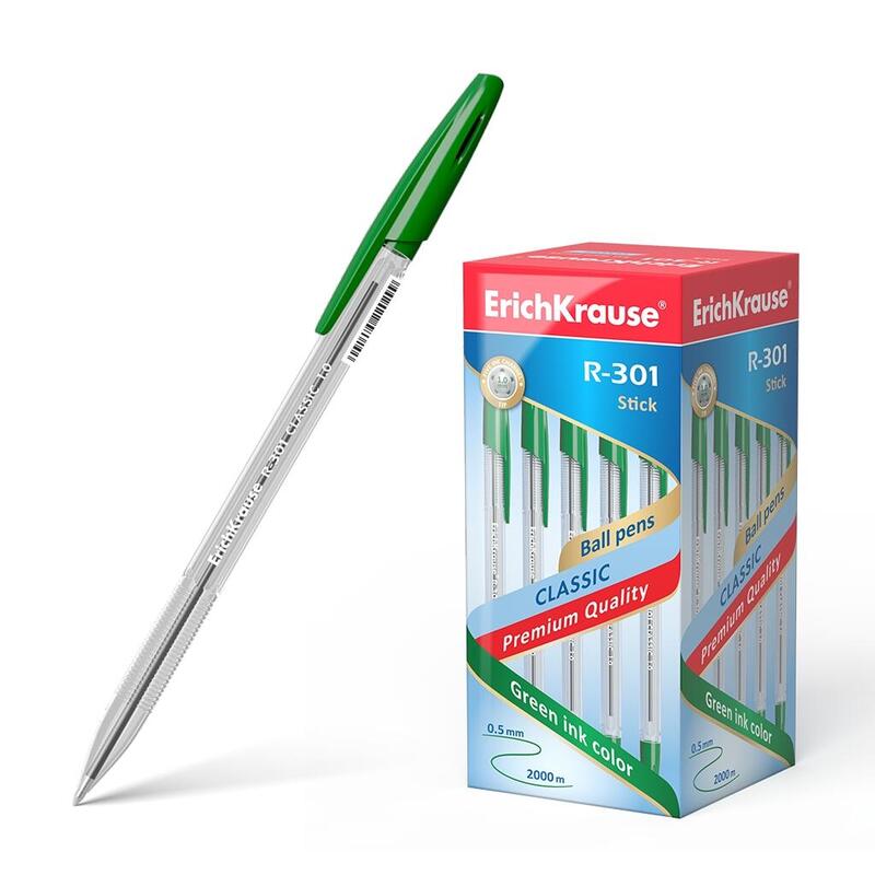 Pack De 50 Unidades Erichkrause Boligrafo R-301 Classic Stick 1.0 - Cuerpo Hexagonal Transparente - Punta De 1.0mm - Tinta De Secado Rapido - Color Verde