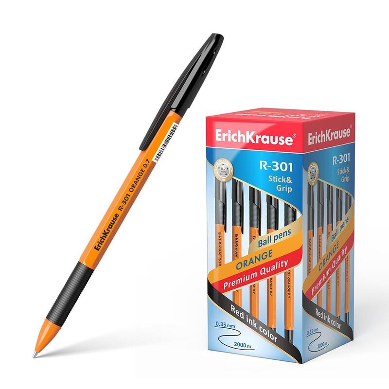 Pack De 50 Unidades Erichkrause Boligrafo R-301 Stick&Grip 0.7 - Cuerpo Naranja Con Agarre De Goma - Tinta De Secado Rapido - Color Negro