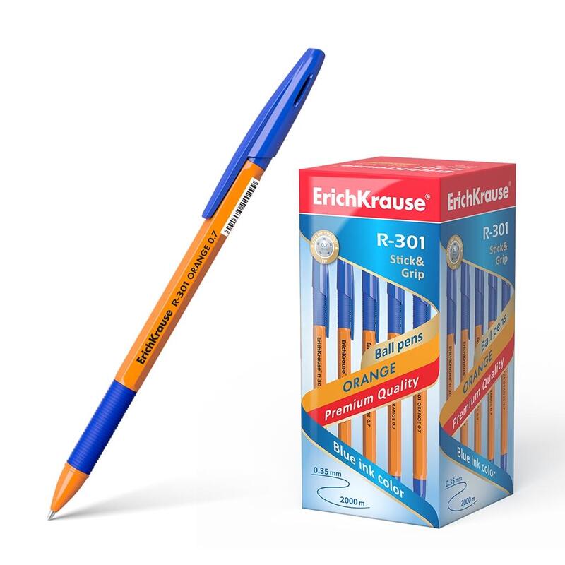 Pack De 50 Unidades Erichkrause Boligrafo R-301 Stick&Grip - Cuerpo Hexagonal Naranja - Punta De 0.7mm - Tinta De Secado Rapido - Color Azul