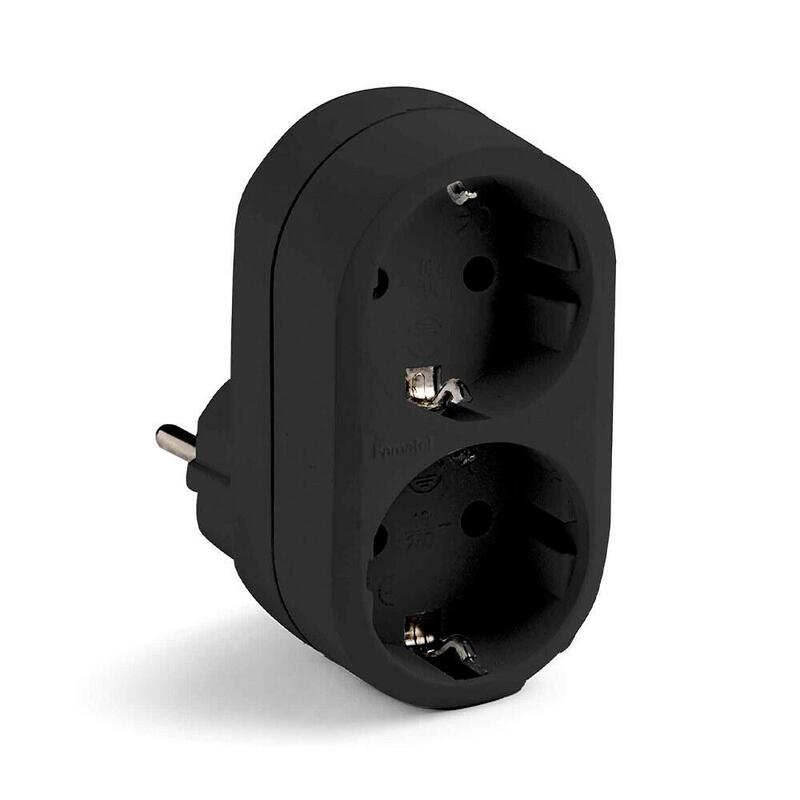 Pack De 6 Unidades - Adaptador Doble Schuko 2p+T 16a 250 V Con Entrada Frontal, Negro