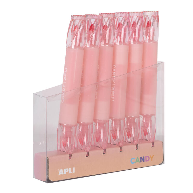 Pack De 6 Unidades Apli Subrayadores Caramelo Rosa - Doble Punta: 5mm Plana Y 2mm Redonda - Refill Pack De 6 - Ideal Para Agendas, Libretas Y Calendarios
