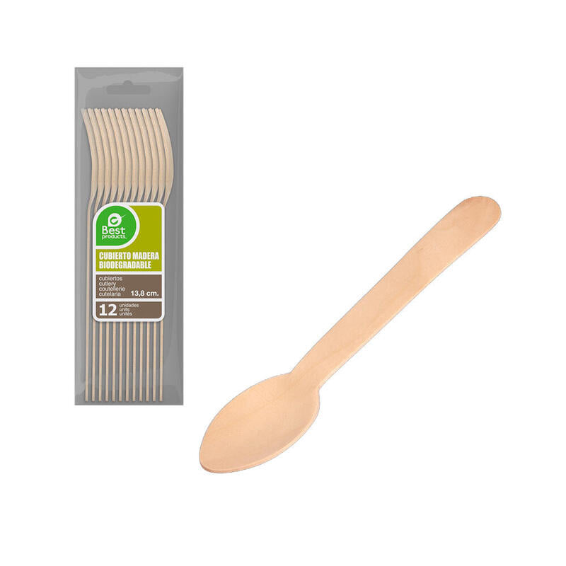 Pack De 6 Unidades - Bolsa 12ud Cucharita Postre-Café Madera 13.8cm Best Products Green