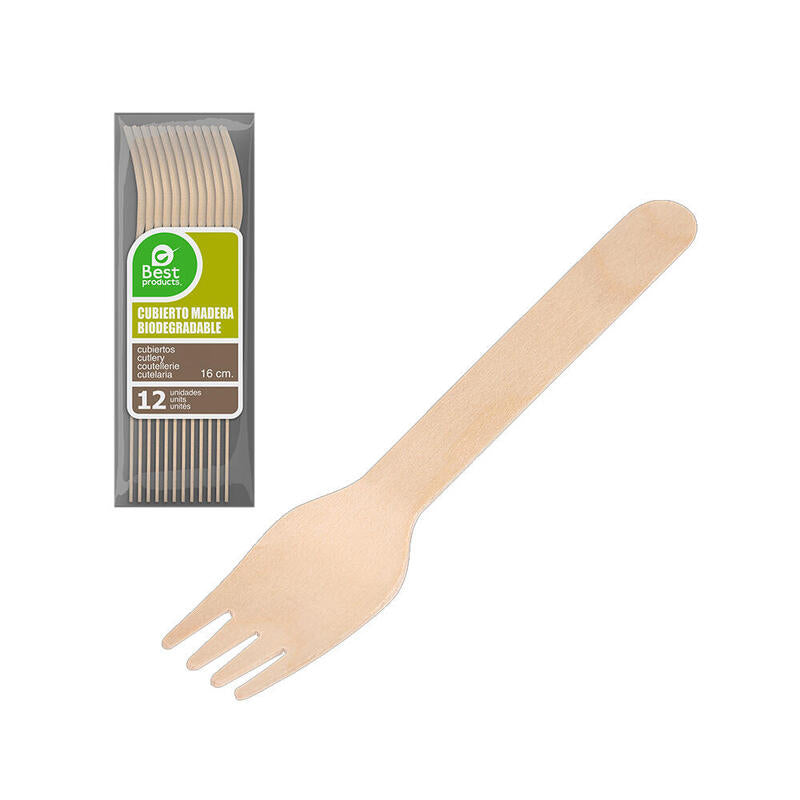 Pack De 6 Unidades - Bolsa 12ud Tenedor Madera 16cm Best Products Green