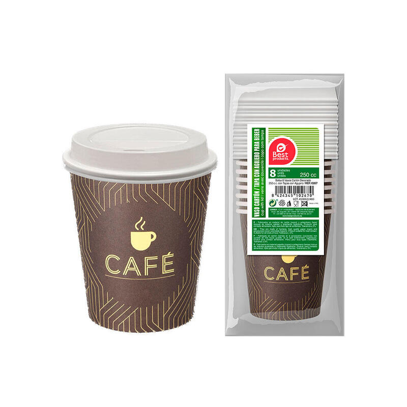 Pack De 6 Unidades - Bolsa Con 8 Unid. Vasos Cafe+Tapa Con Agujero 250cc Best Products Green