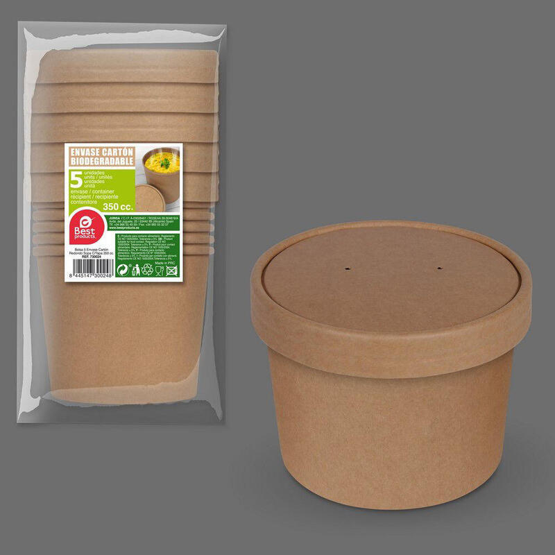 Pack De 6 Unidades - Envase De Cartón Biodegradable, Con Tapa. 350 Cc. 5 Unidades