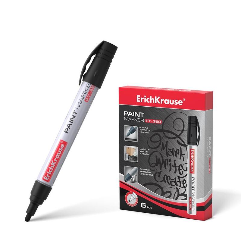 Pack De 6 Unidades Erichkrause Marcador De Pintura Pt-350 - Sistema De Suministro De Tinta De Valvula - Cuerpo De Aluminio Resistente - Punta En Forma De Bala - Resistente Al Agua Y A Los Rayos Uv - Color Negro