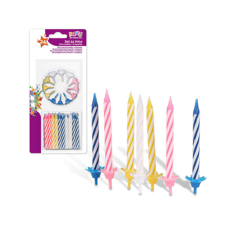 Pack De 6 Unidades - Pack Con 24 Unid. Velas+12 Soportes Colores Surtidos Best Products Party