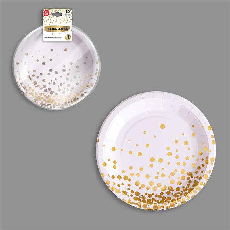 Pack De 6 Unidades - Plato Llano Cartón Ø18 Cm, Blanco / Dorado. 10 Unidades