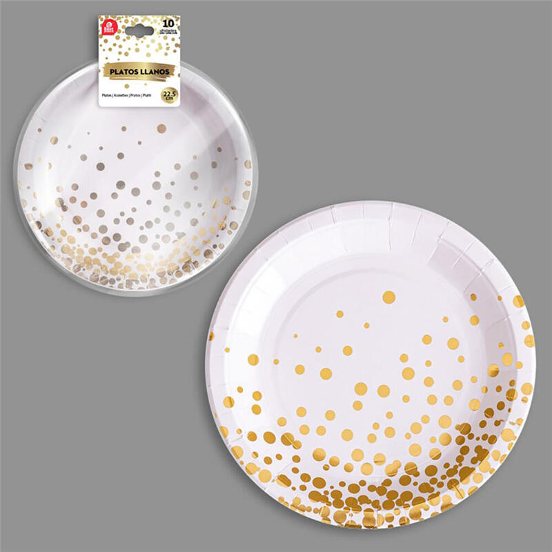 Pack De 6 Unidades - Plato Llano Cartón Ø22,5 Cm, Blanco / Dorado. 10 Unidades