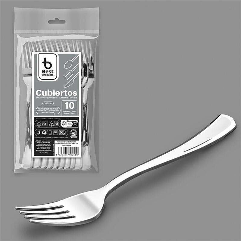 Pack De 6 Unidades - Tenedor Reutilizable 18,5 Cm, Plata. 10 Unidades