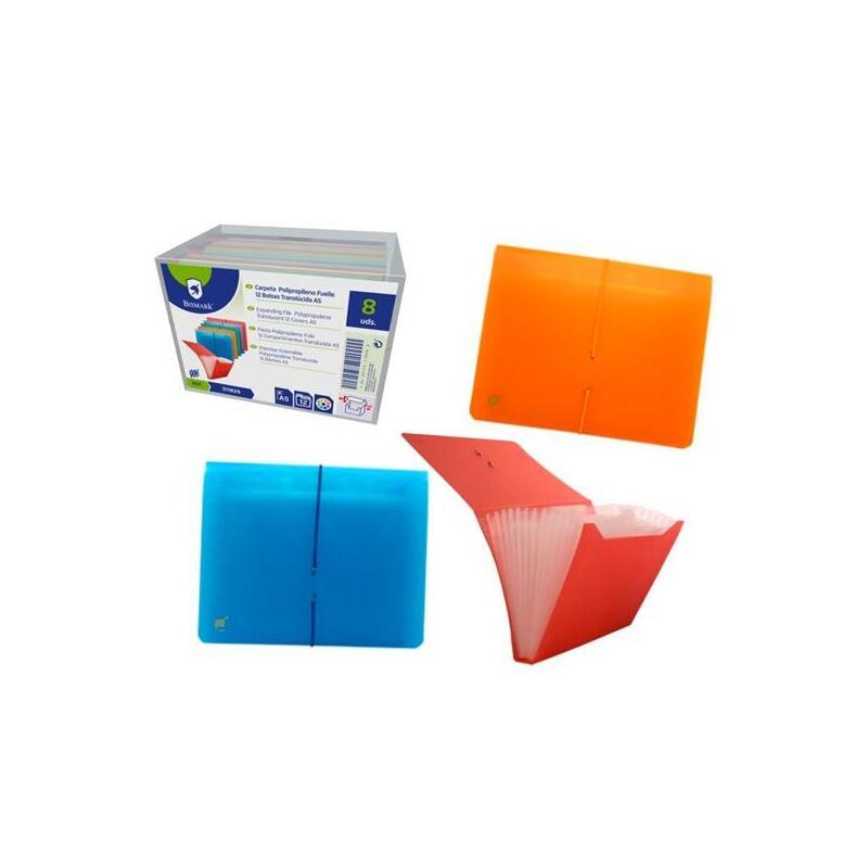 Pack De 8 Unidades Bismark Carpeta Fuelle Acordeón 13 C/Goma A5 Pp Transparente C/Surtidos