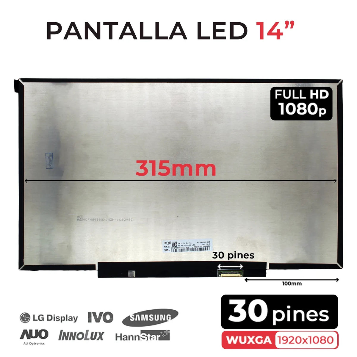 Pantalla Led De 14" Para Portátil Nv140Fhm-N4Z Fhd 30 Pines