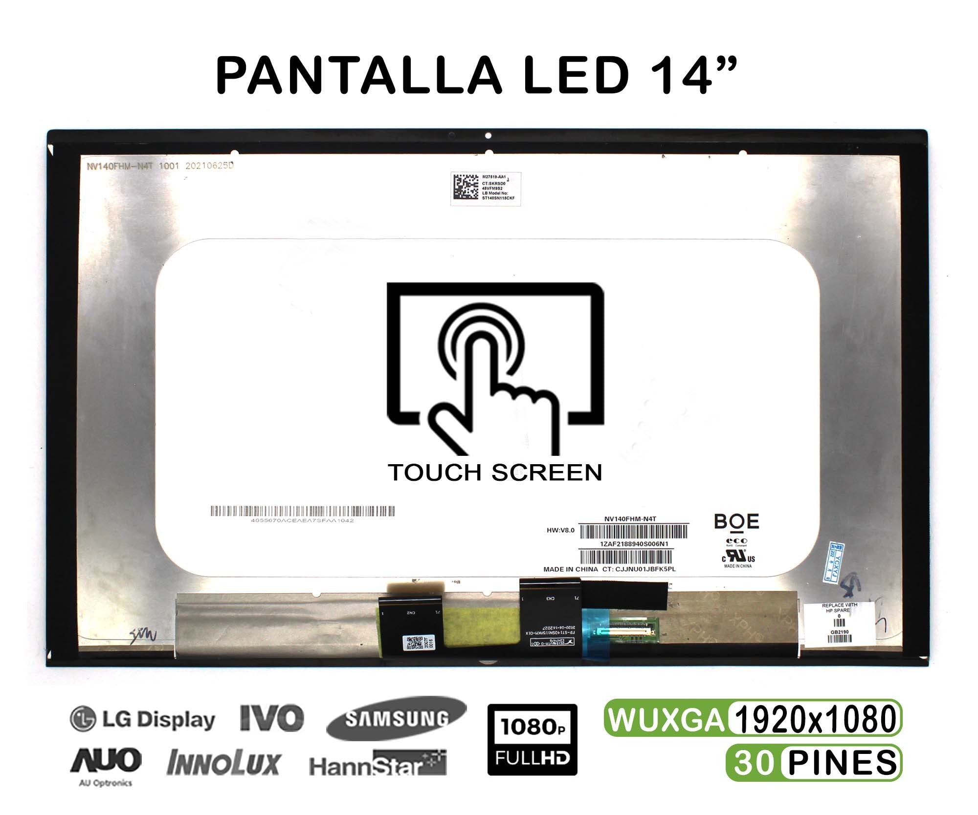 Pantalla Led Táctil 14" Para Portátil Hp Pavilion X360 14M-By Fhd Sin Marco De Plástico + Cristal Frontal
