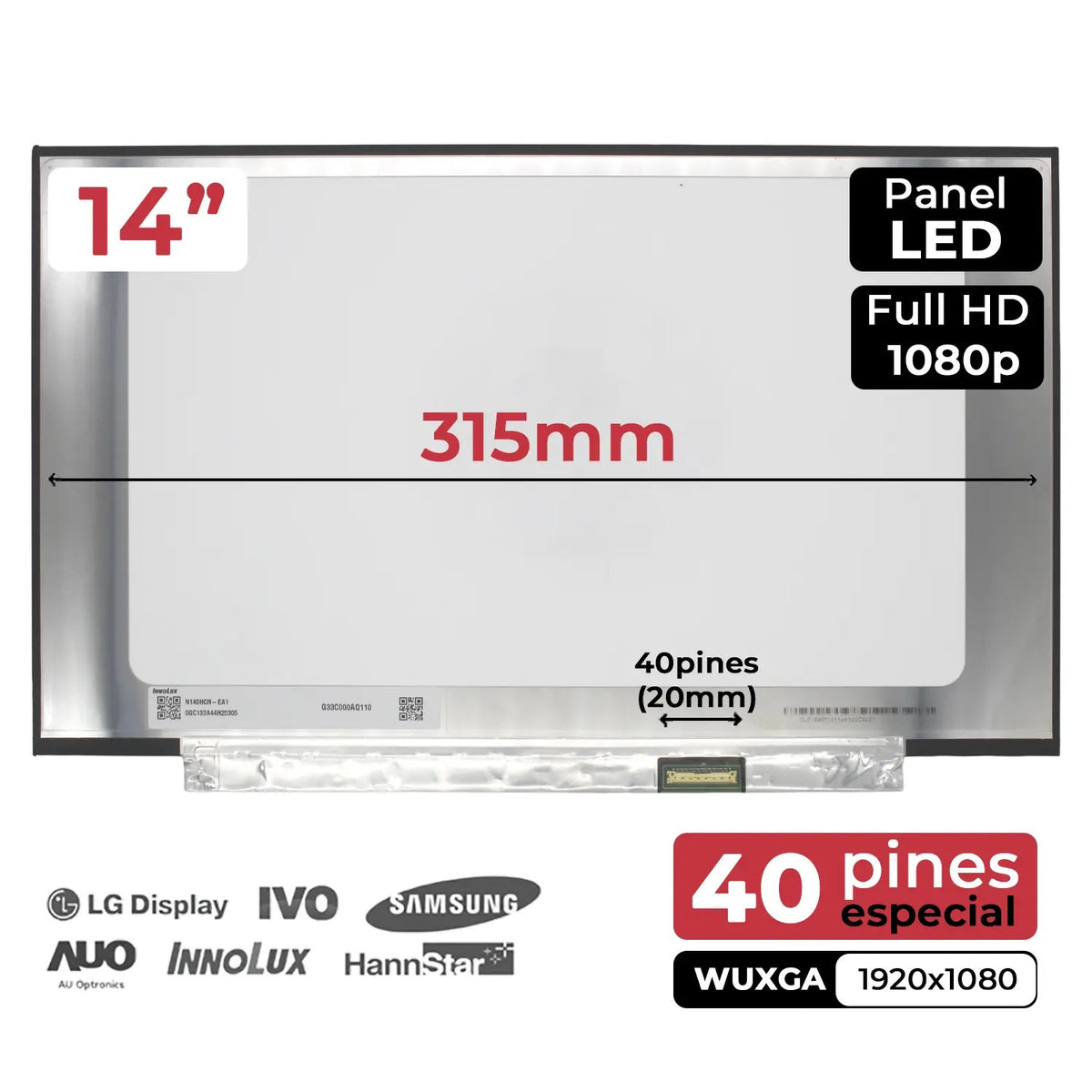Pantalla Led Táctil De 14" Para Portátil N140Hcn-Ea1 Rev.C1 01Yn151 Fhd 40Pines 315Mm