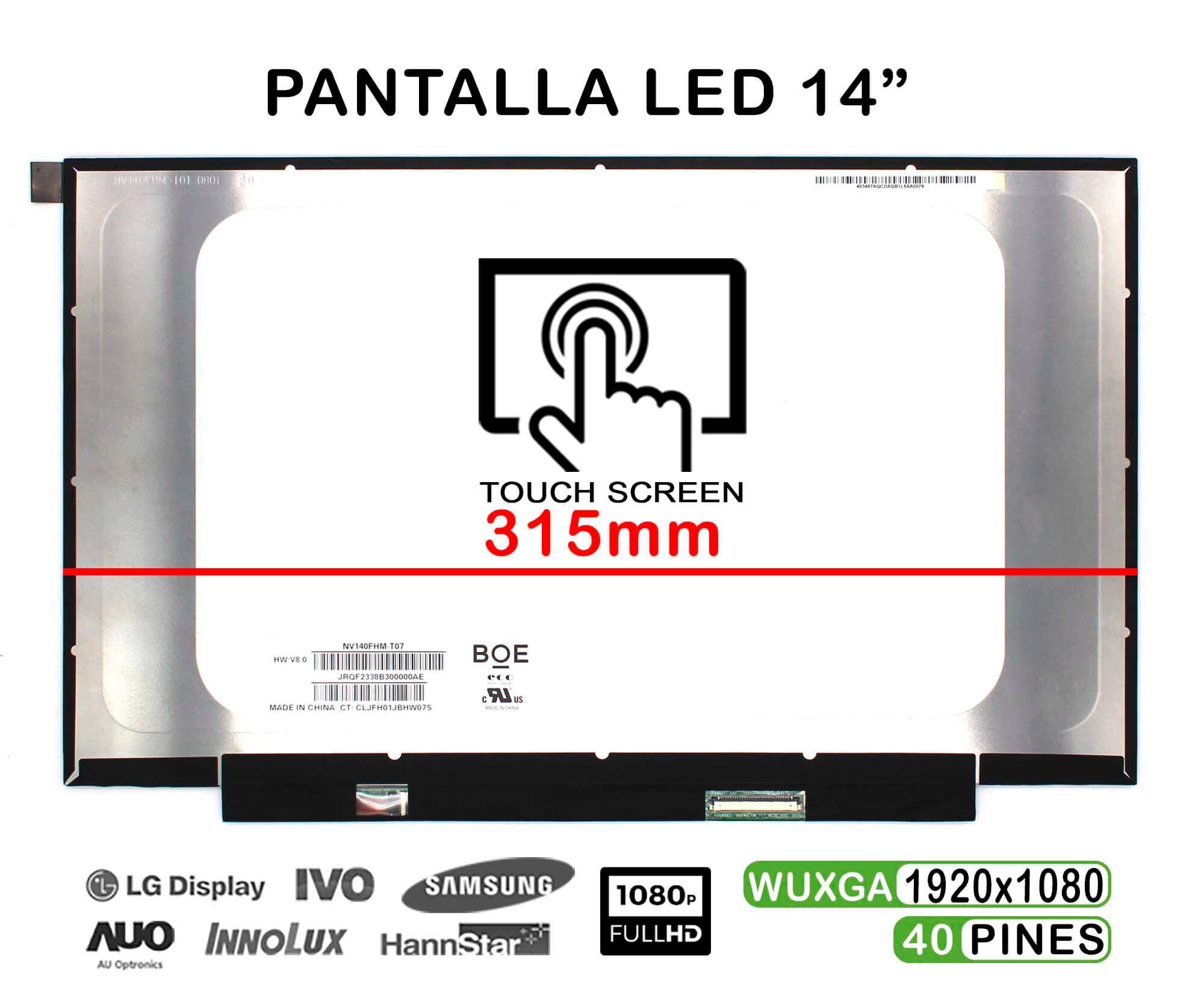 Pantalla Led Táctil De 14" Para Portátil Nv140Fhm-T07 Hw:V8.0 40 Pin Ips