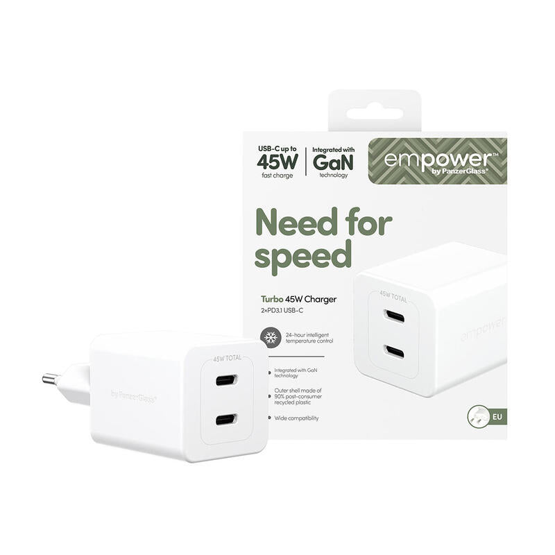 Panzerglass Empower Turbo 45w Charger Inkl. 2x Usb-C Eu Plug Silver Blanco