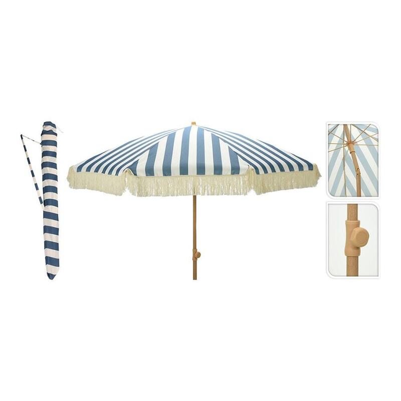 Parasol Para Jardín, Rayas Azul Con Flecos Beige, Ø183 X 200 Cm