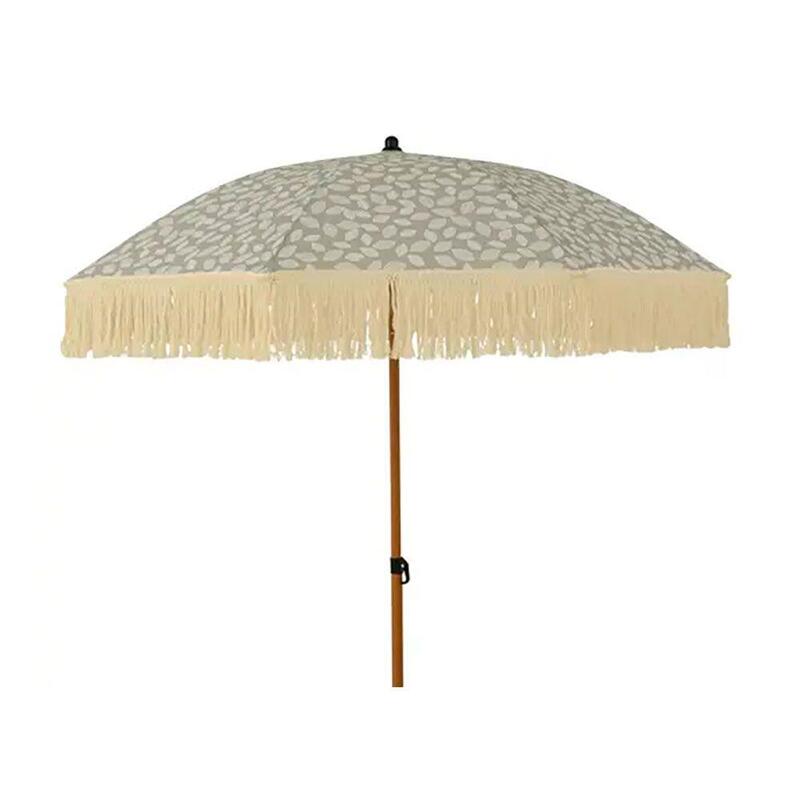 Parasol Para Jardín, Verde Con Diseño De Hojas Y Flecos Beige, Ø180 X 216 Cm