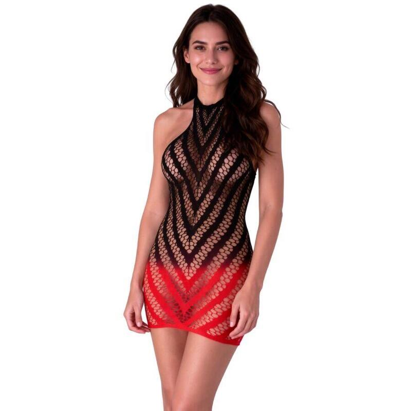 Passion - Bs117 Vestido Bodystocking Degradado Negro Y Rojo