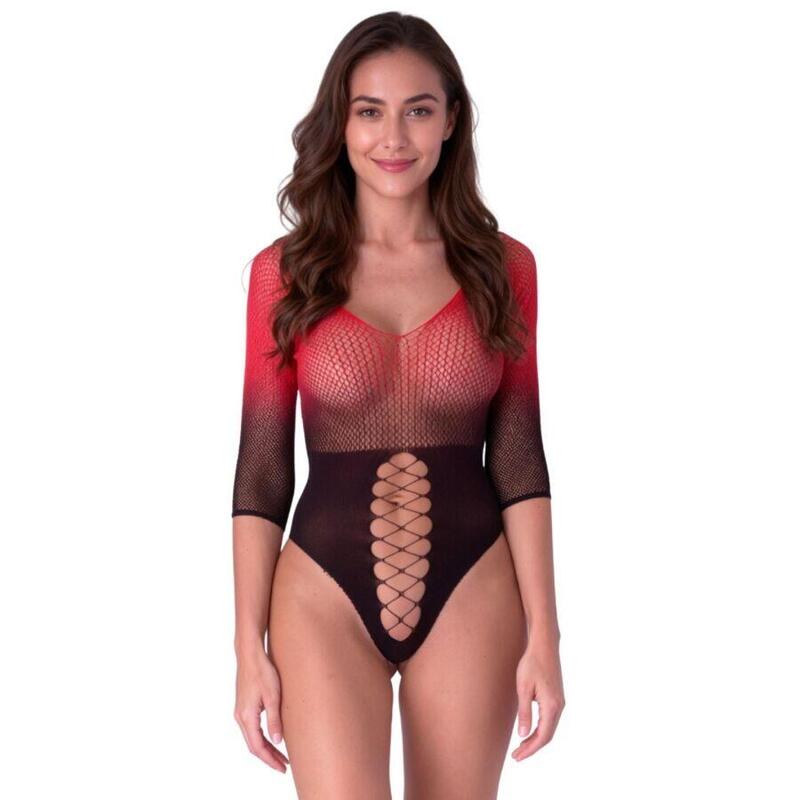 Passion - Bs118 Bodystocking De Malla Negro Y Rojo