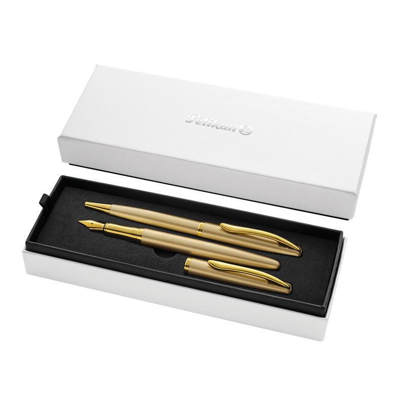 Pelikan Set Bolígrafo + Estilográfica Jazz Noble Elegance Tinta Azul Color Oro Estuche De Regalo