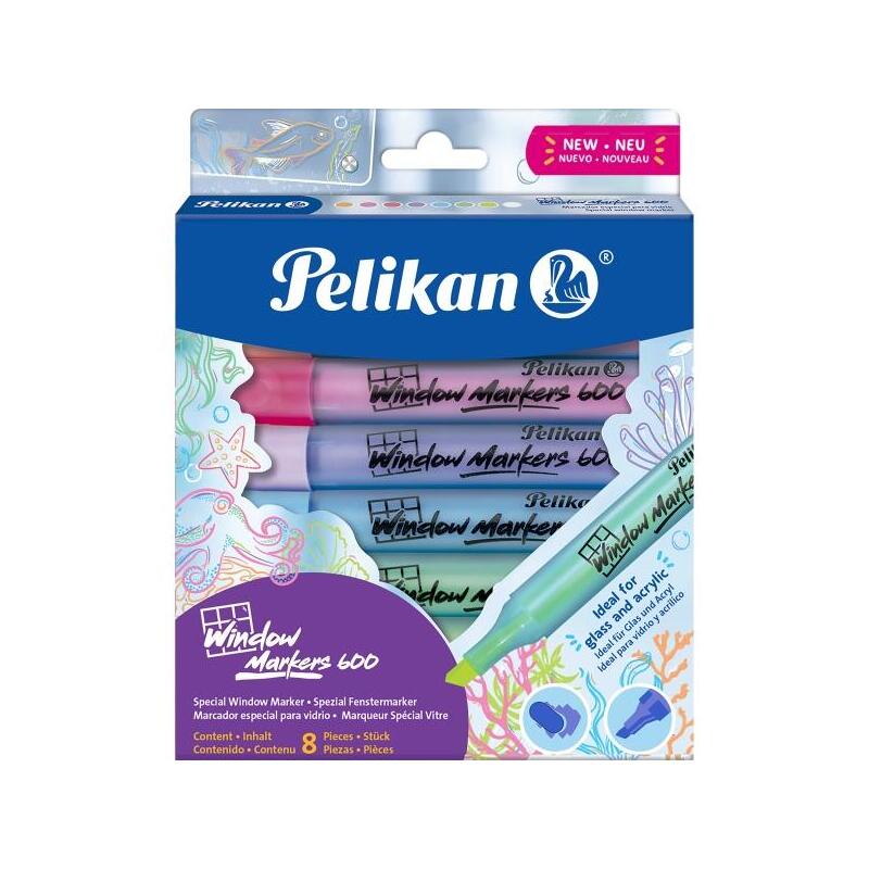 Pelikan Window Marker 600 Pack De 8 Marcadores Para Ventana - Punta Biselada Con 3 Grosores - Colores Surtidos