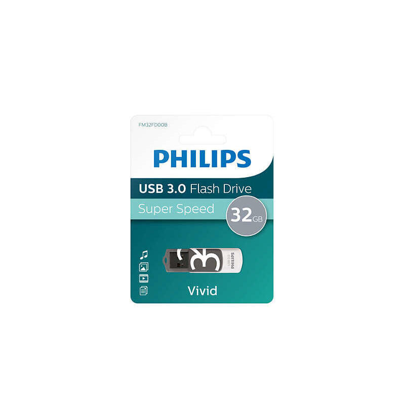 Pendrive Philips 32 Gb, Usb Tipo A, 3.2 Gen 1 (3.1 Gen 1), Girar, 8 G, Negro, Blanco