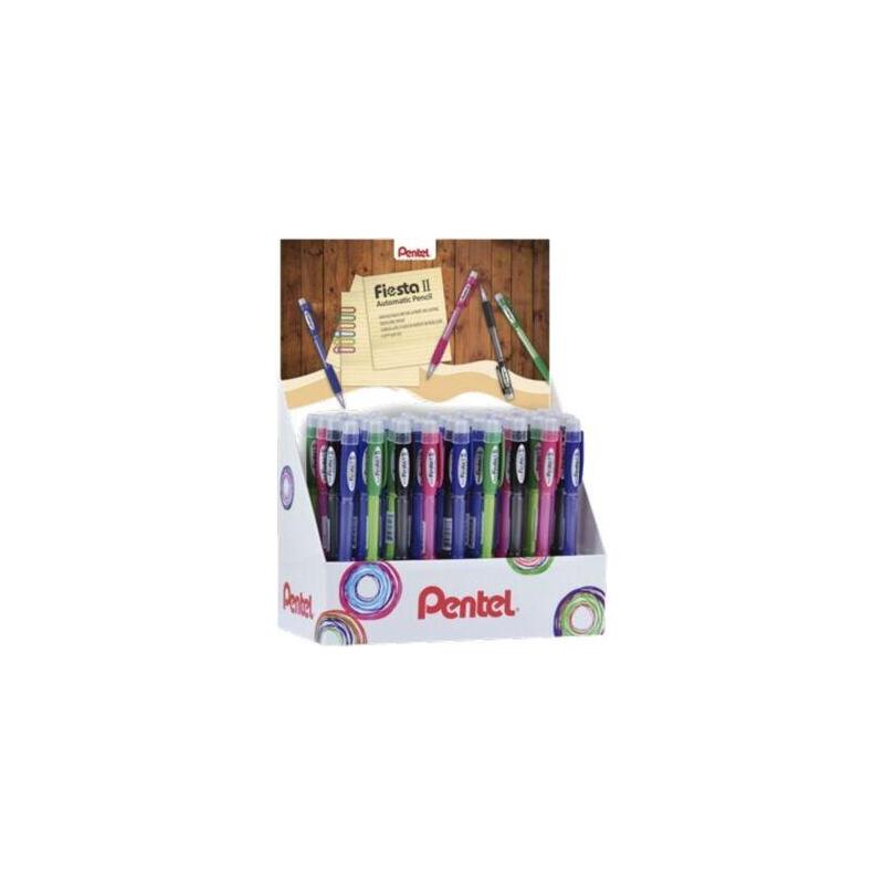 Pentel Fiesta Ii Expositor De 36 Portaminas Hb 0.7mm Con Goma - Incluye 2 Recargas - Grip De Goma - Diseño Ergonomico -