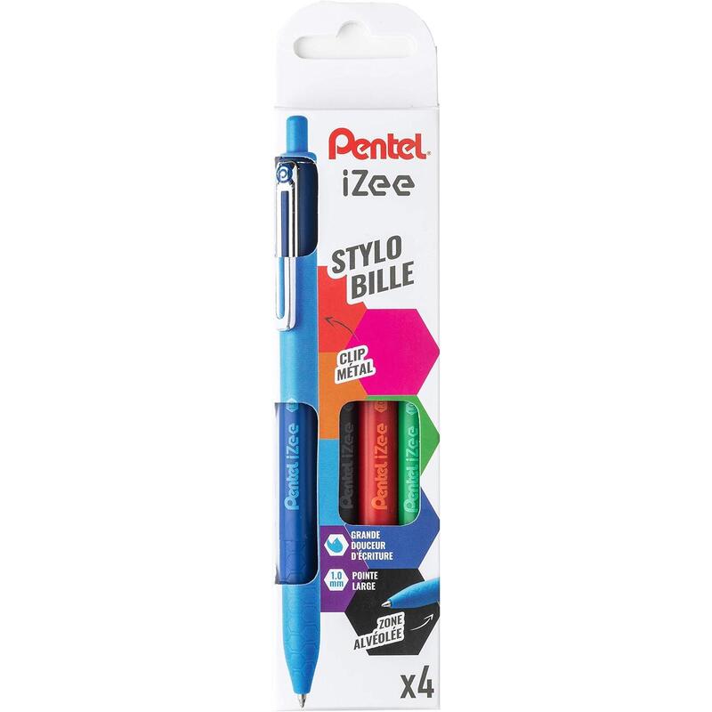 Pentel Izee Pack De 4 Boligrafos De Bola Retractiles - Punta 0.7mm - Trazo 0.35mm - Clip De Metal - Colores Negro,