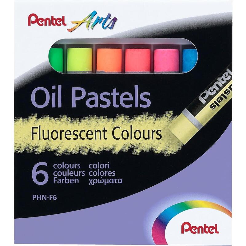 Pentel Oil Pastels Pack De 6 Pasteles Oleo Fluorescentes - Blandos, Cremosos Y De Secado Lento - Colores Fluorescentes