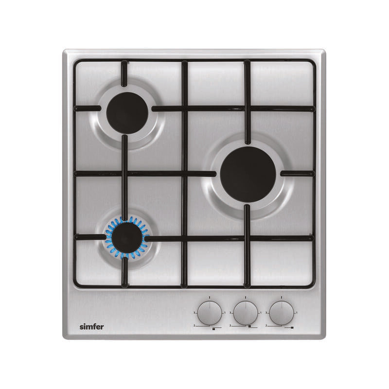 Placa De Cocción Simfer H4.300.Vgrim, Gas, Ancho 45 Cm, 3 Zonas De Cocción, Control Mecánico, Inox