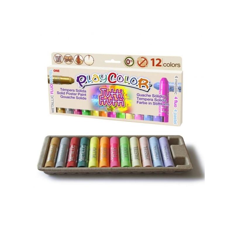 Playcolor Tuttifrutti Pack De 12 Temperas Solidas - No Arrugan El Papel - No Necesitan Barniz - Colores Metallic, Fluo