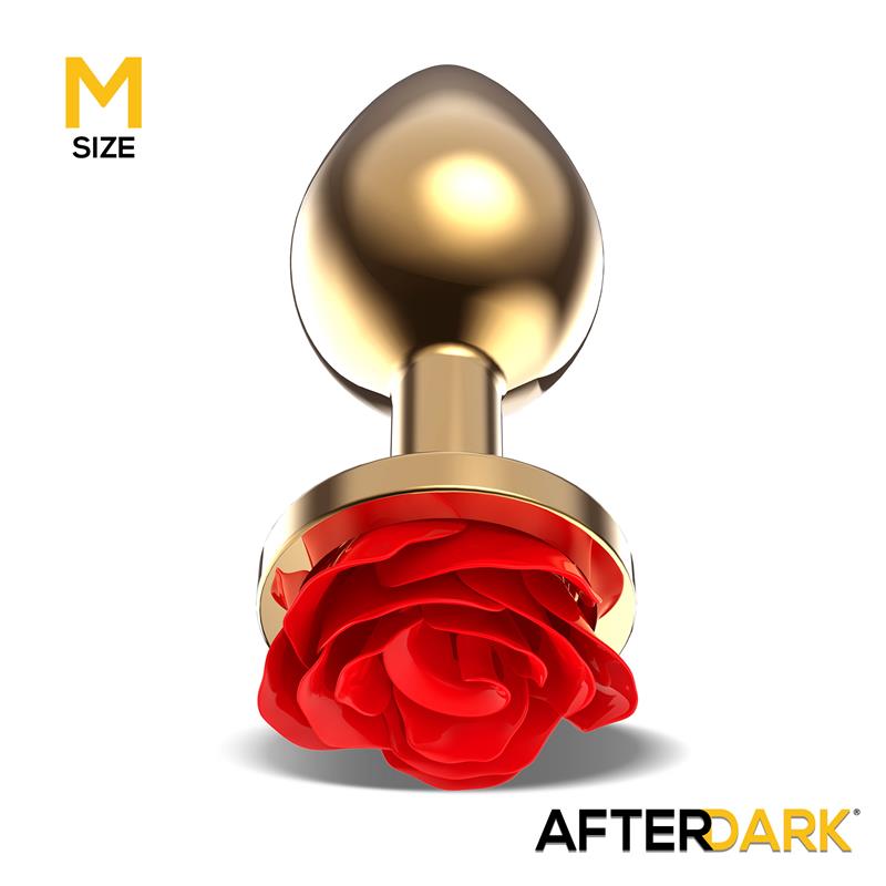 Plug Anal De Metal Dorado Con Rosa Roja En La Base Talla M