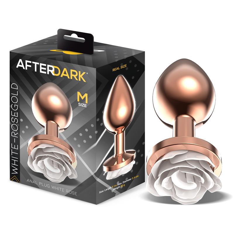 Plug Anal De Metal Oro Rosa Con Rosa Blanca En La Base Talla M