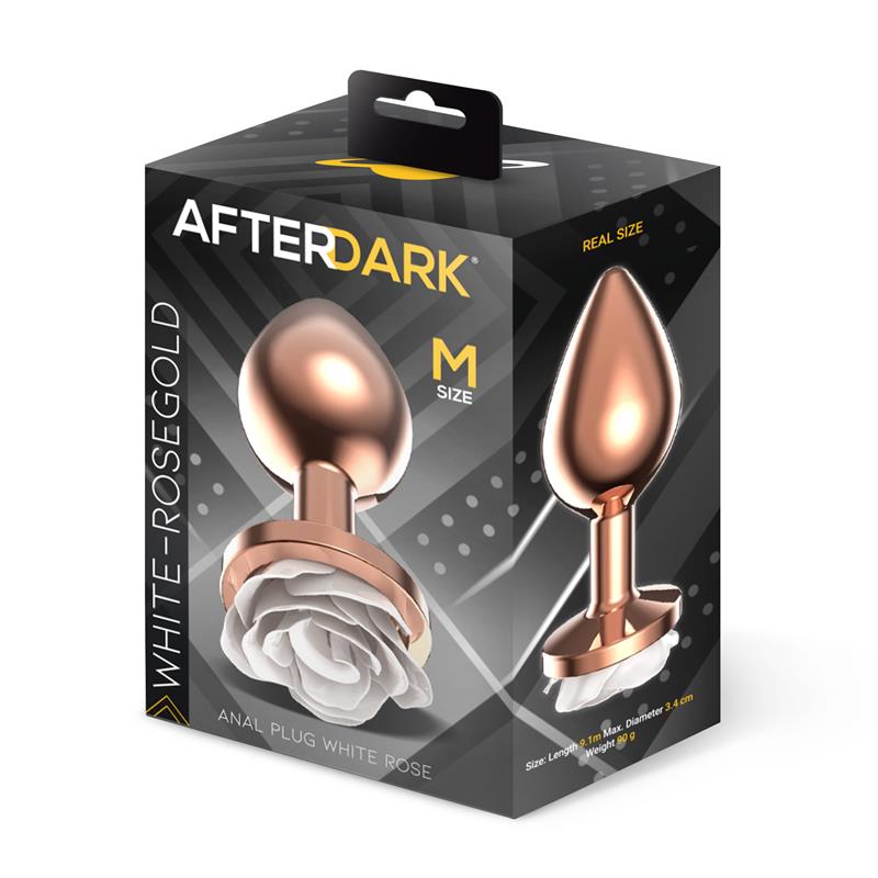 Plug Anal De Metal Oro Rosa Con Rosa Blanca En La Base Talla M