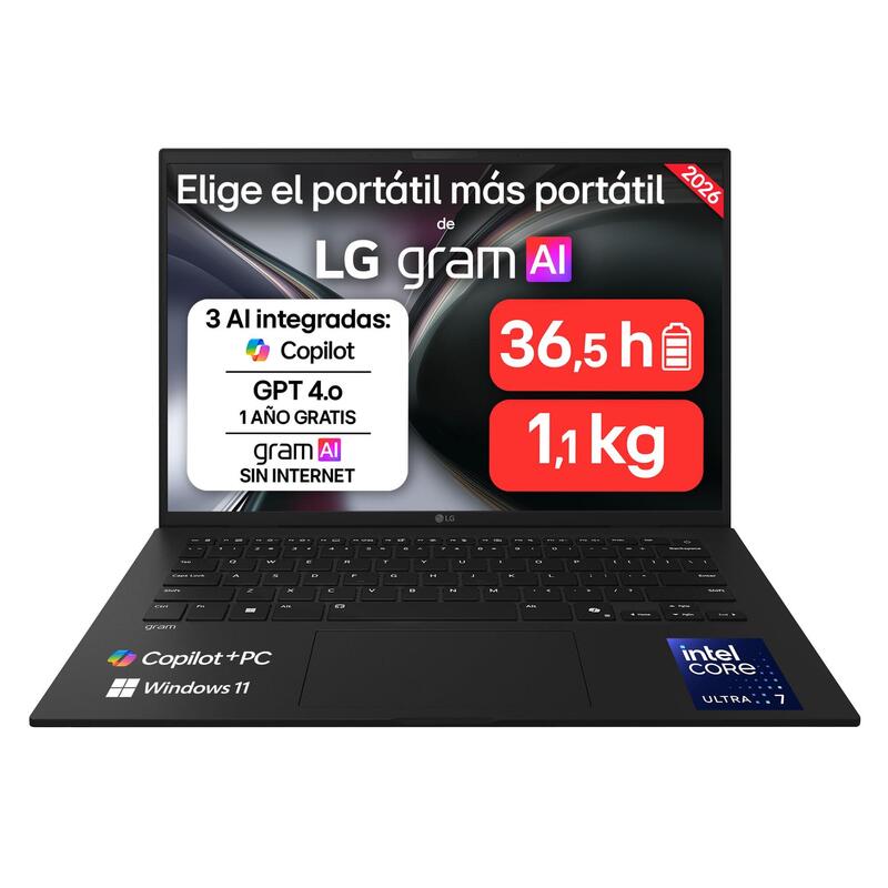 Portátil Lg Gram 14z90u-G.Au85bn Ultraligero De 14" Intel Core Ultra 7 355, 32 Gb Ram, 512 Gb Ssd, Intel Graphics (4xe), Ips Antirreflejo, 1120g, 36.5 H, Windows 11, Teclado Es, Negro