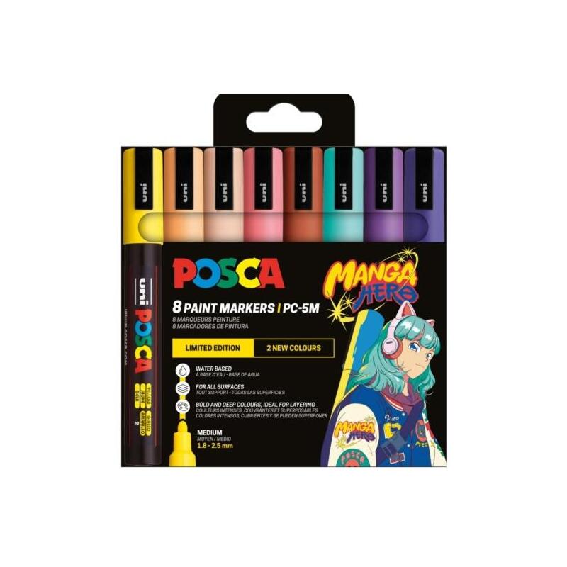 Posca Manga Hero Edicion Limitada Pc-5m Pack Con 8 Marcadores De Pintura - Punta De Bala 1.8-2.5mm - Tinta Base Al Agua