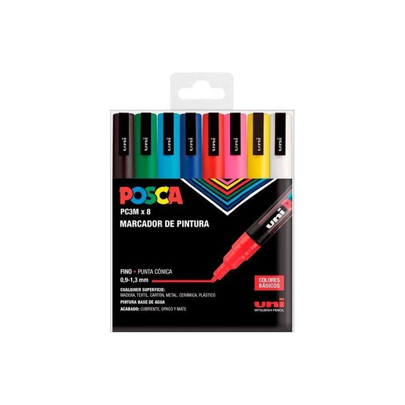 Posca Marcador Pc-3m/8c No Permanente Punta Fina 0.9mm-1.3mm Colores Surtidos Basic -Estuche 8u-
