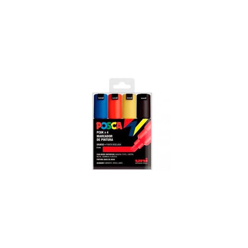Posca Marcador Pc-8k/4c No Permanente Punta Biselada 8.0mm Colores Surtidos Basic -Estuche 4u-