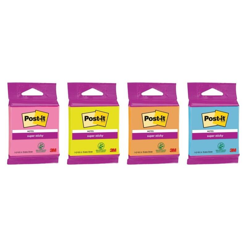 Post-It Super Sticky Bloc De 45 Notas Adhesivas Reposicionables - Forma Cuadrada - 76x76mm - Colores Surtidos