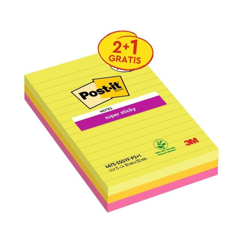 Post-It Super Sticky Pack De 3 Blocs De 75 Notas Adhesivas Reposicionables - Forma Rectangular - 101x152mm - Colores