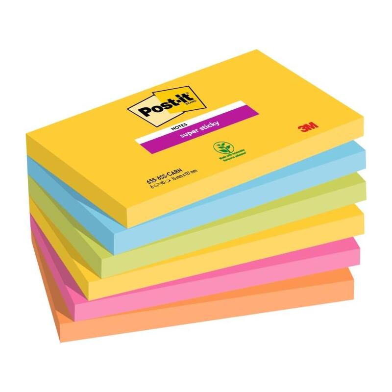 Post-It Super Sticky Pack De 6 Blocs De 90 Notas Adhesivas Reposicionables - Forma Rectangular - Colores Surtidos