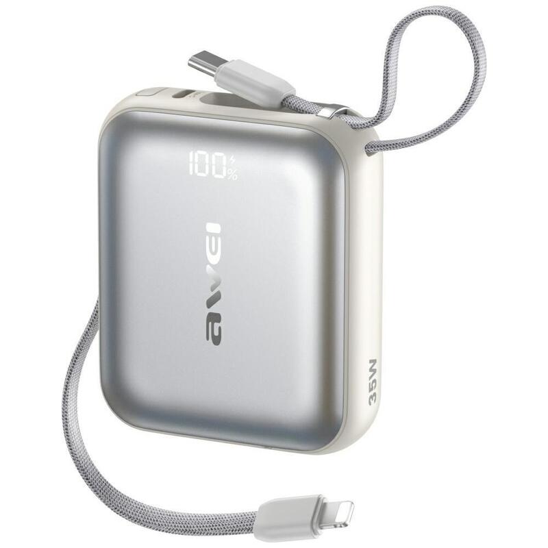 Powerbank As-181 35w 10000mah + Kable Lightning I Usb-C Srebrny