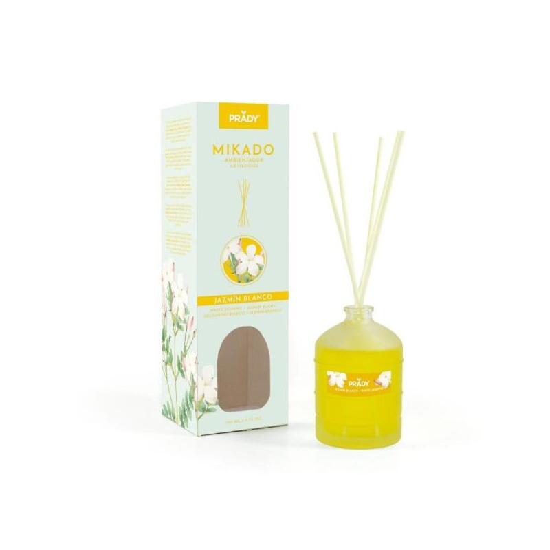 Prady Ambientador Mikado Jazmin Blanco - Frasco De Cristal 100 Ml Y Varitas Difusoras