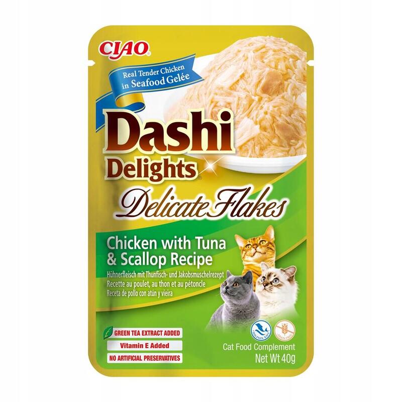 Premio Para Gatos Inaba Cat Dashi Delights Delicate Flakes Pollo Con Atún Y Vieira 40g