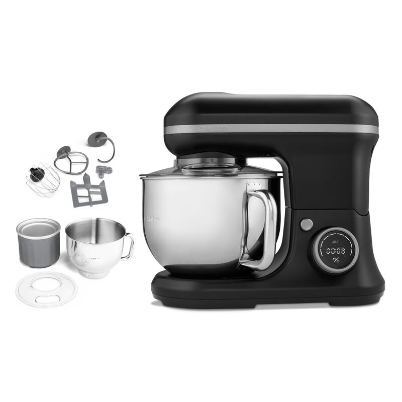 Procesador De Alimentos Medion (1.200 Vatios, 8 Ajustes, Mezclar Amasar Remover, Pantalla Digital, Bol De Acero Inoxidable De 5 Litros, Bol Para Preparar Helados, Md18420) Negro
